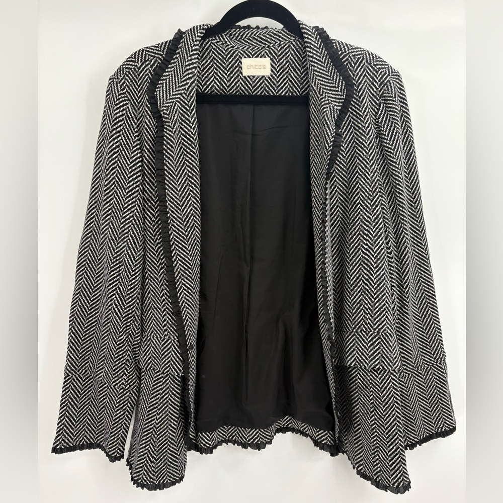 Chicos Ruffle Trim Herringbone Ponte Blazer Woman Size xl